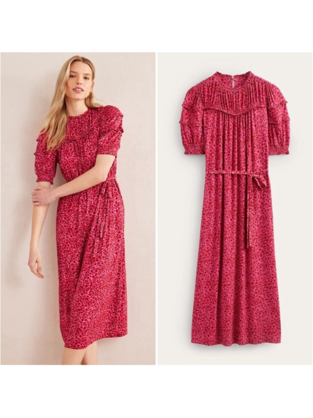 Boden Pink Red Yoke Detail Jersey Midi Dress in Gin Fizz Abstract Vine Size 8L